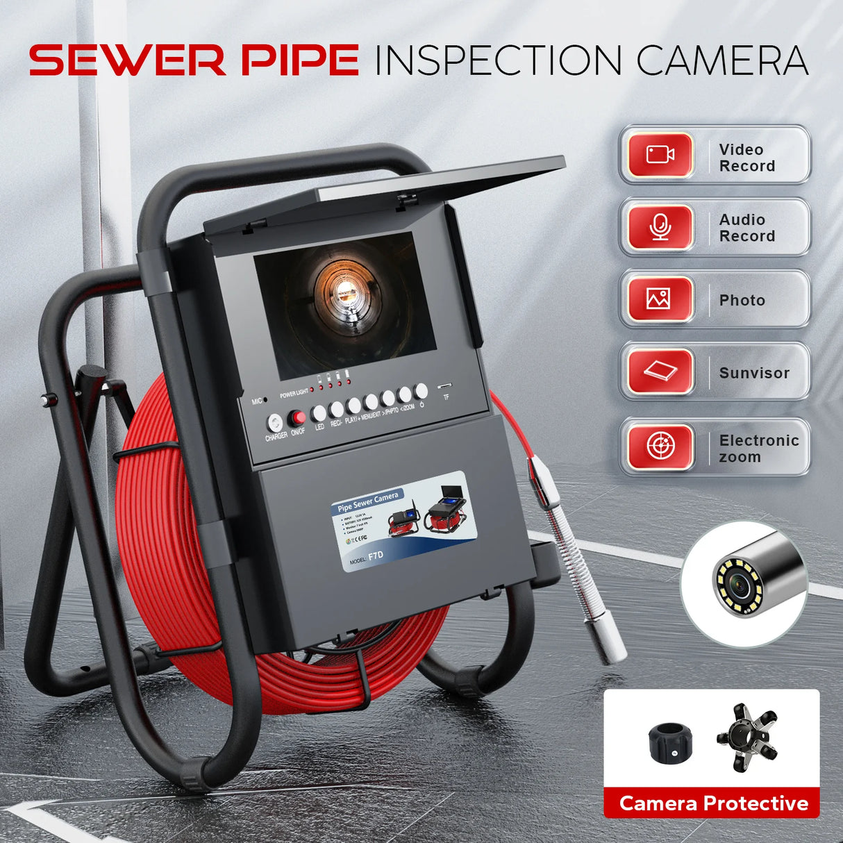 20/30/50M Sewer Camera, 7" Screen Pipeline Inspection Camera with DVR 16GB,23mm Waterproof Camera with 12 LEDs 4500mAH Battery