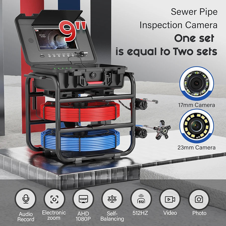 9″Sewer Pipe Inspection Camera with 17/23mm Dual Cameras/Cables and Self-Leveling 512HZ Locator Drain Industrial Endoscope